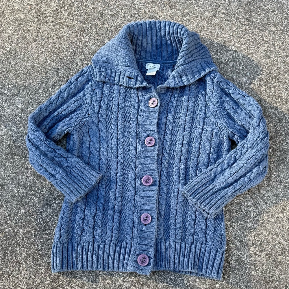 L.L. Bean Dusty Blue Cable Knit Cardigan | Shawl Collar Anchor Buttons